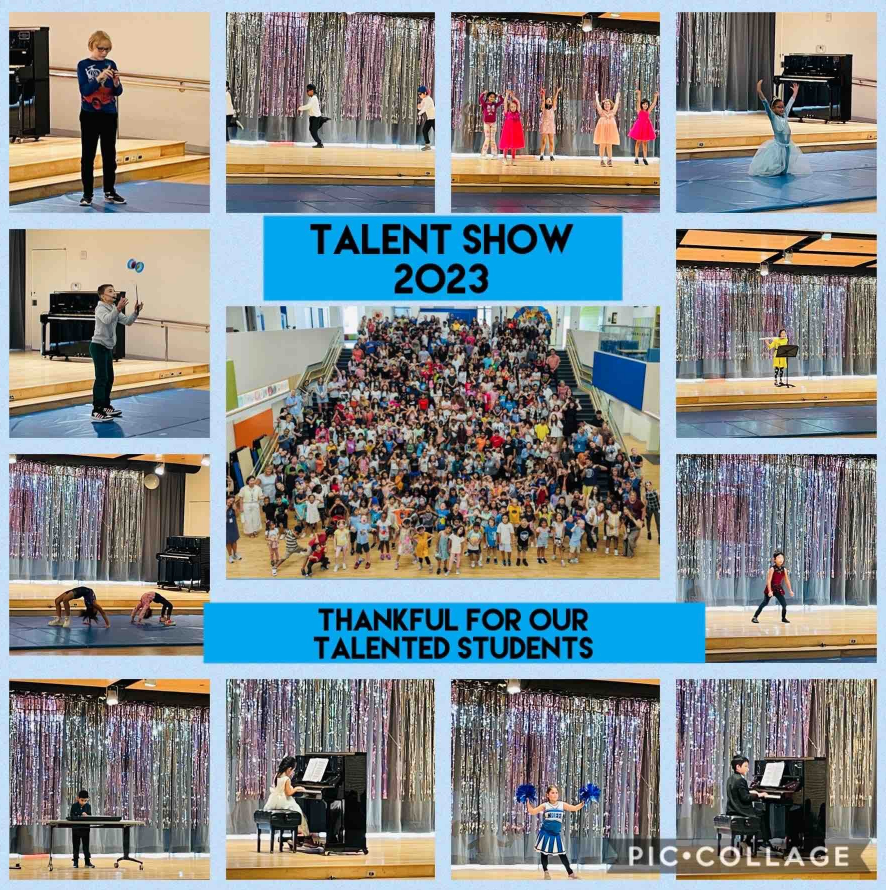 pictures of talents East Prairie students performing their talent show routines. The middle is a big group picture of our East Prarie school. 